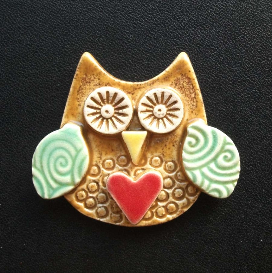 Cute little ceramic owl brooch blue wings