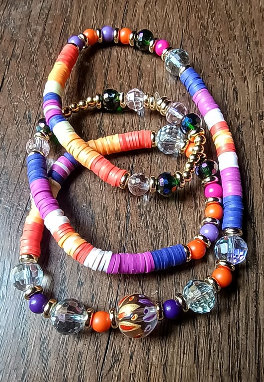"Twin Flame" - Unique, colourful, stretchy beaded necklace or wrap bracelet 