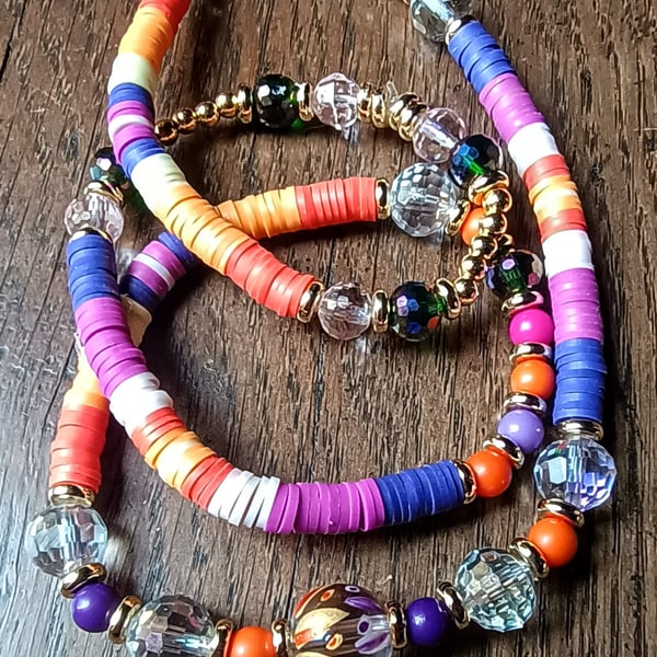 "Twin Flame" - Unique, colourful, stretchy beaded necklace or wrap bracelet 