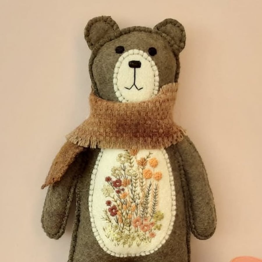 Woodland felt teddy bear, scandi style hand embroidered bear 