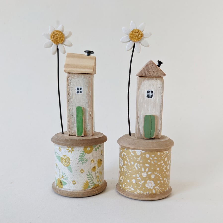 Wooden House on a Vintage Floral Bobbin with Clay Daisy 