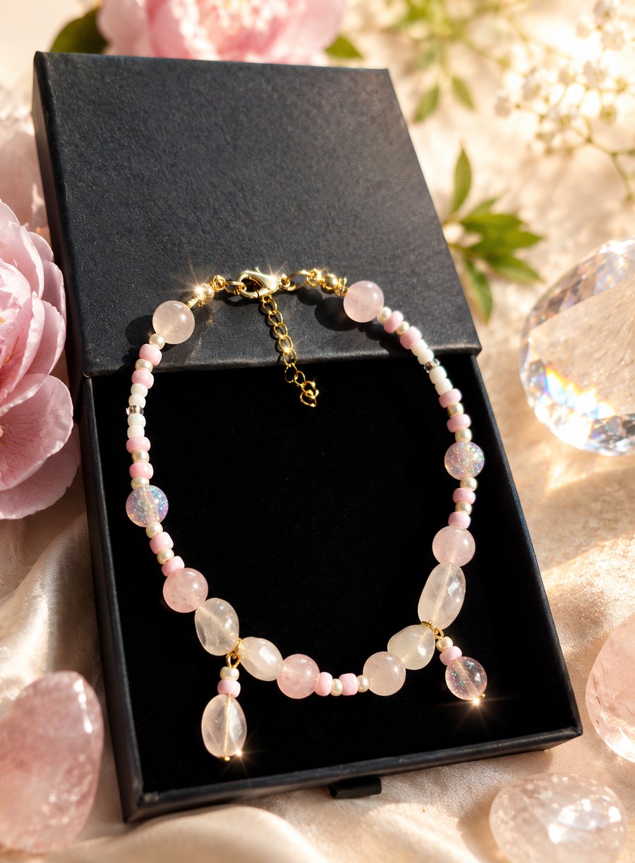 Pink Rose Quartz & Iridescent Cat's Eye Anklet 