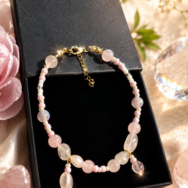 Pink Rose Quartz & Iridescent Cat's Eye Anklet 