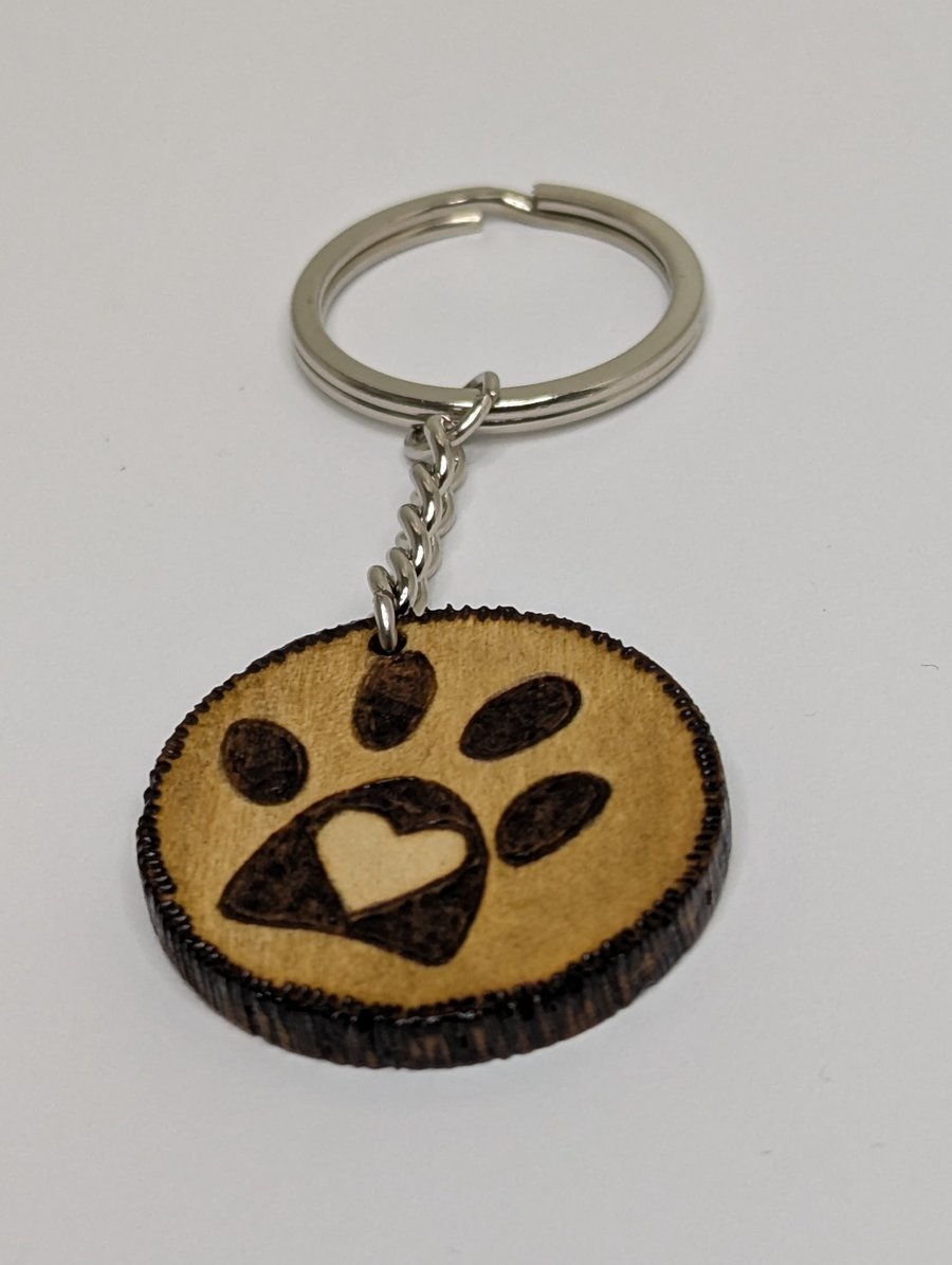 Paw print wooden keyring, pyrography, dog, cat, pet lover gift