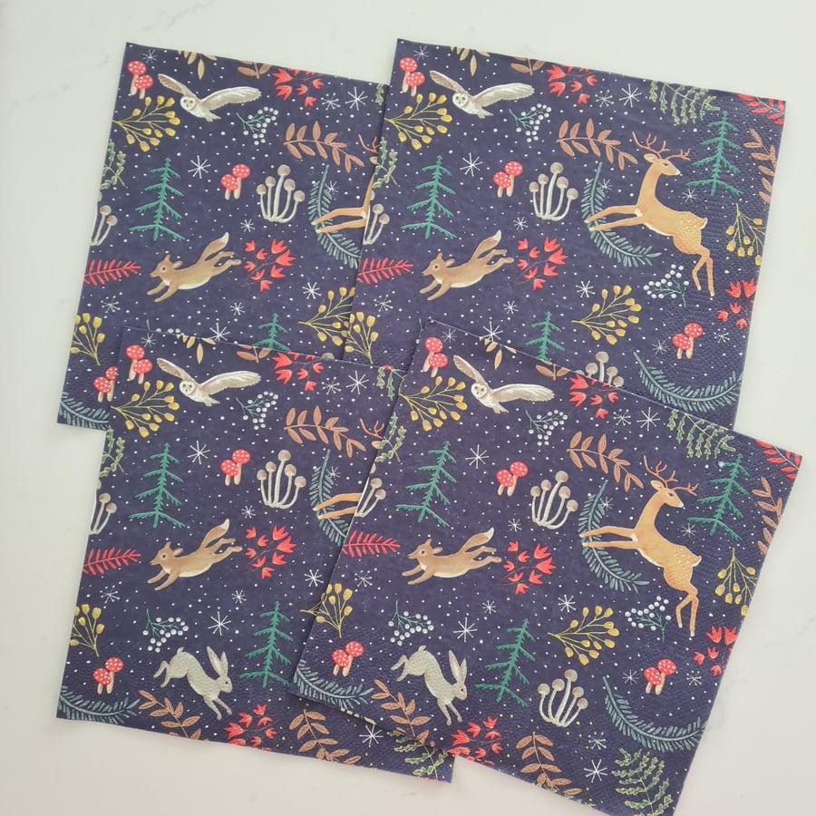 4 Paper napkins for decoupage woodland christmas design