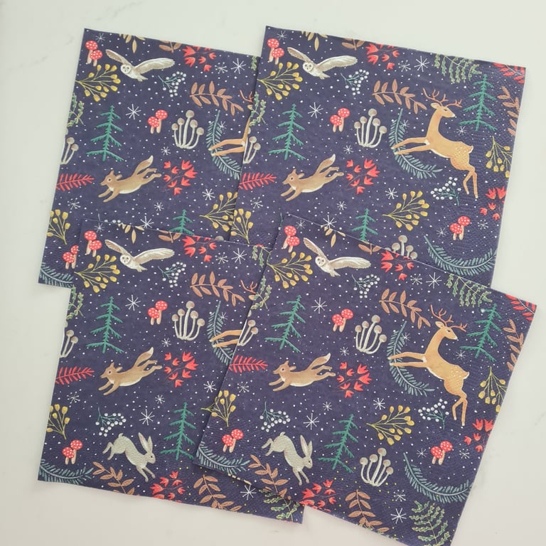 4 Paper napkins for decoupage woodland christmas design