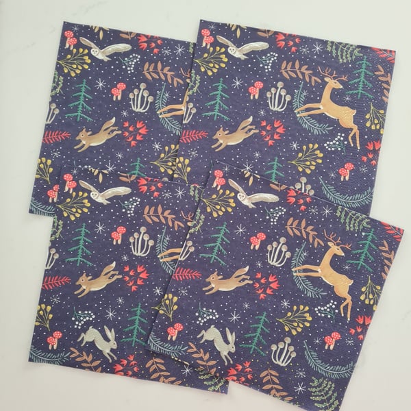 4 Paper napkins for decoupage woodland christmas design