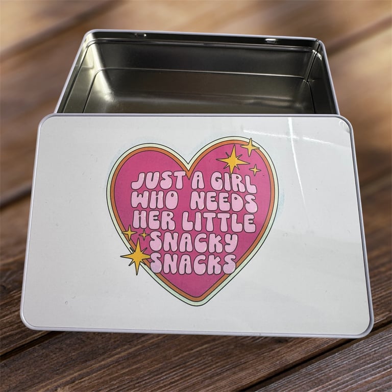 "Just a Girl Who Needs Her Snacky Snacks" Tin — Cute Gift for Her & Foodies