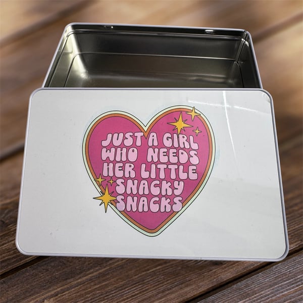 "Just a Girl Who Needs Her Snacky Snacks" Tin — Cute Gift for Her & Foodies