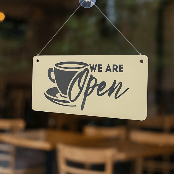 Coffee Shop Open & Closed Sign - Café Design 1: Double-Sided Hanging Door Plaque