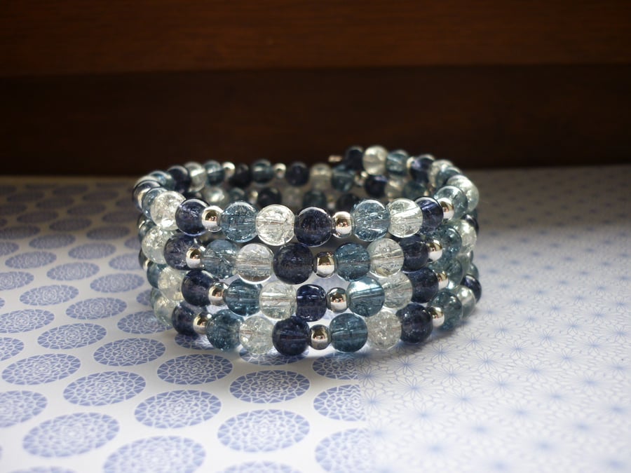 GREY, SILVER AND CRYSTAL WRAP AROUND BRACELET. 