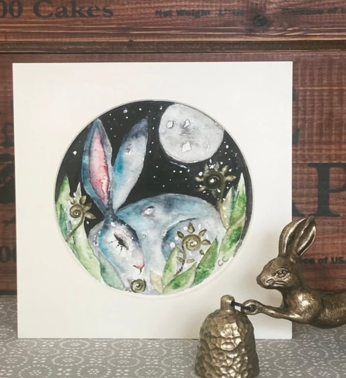 Mounted Original Resting Hare Rabbit in Moonlight Watercolour 