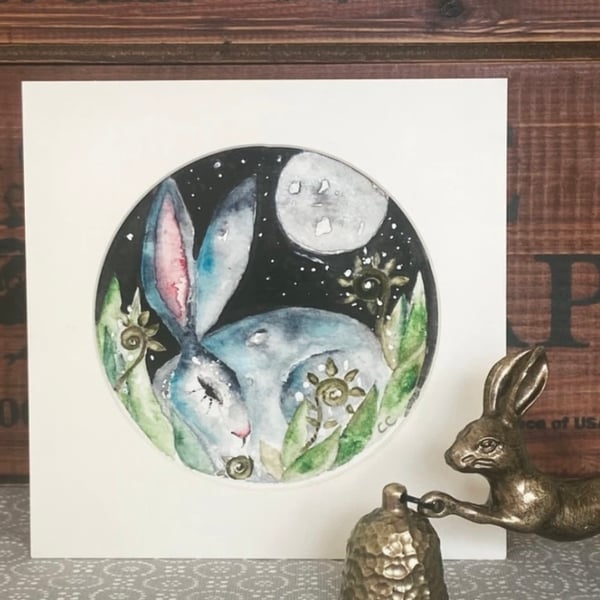 Mounted Original Resting Hare Rabbit in Moonlight Watercolour 
