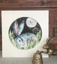 Mounted Original Resting Hare Rabbit in Moonlight Watercolour 