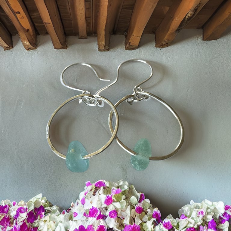 Bohemian Silver Hoop Sea Glass Earrings 