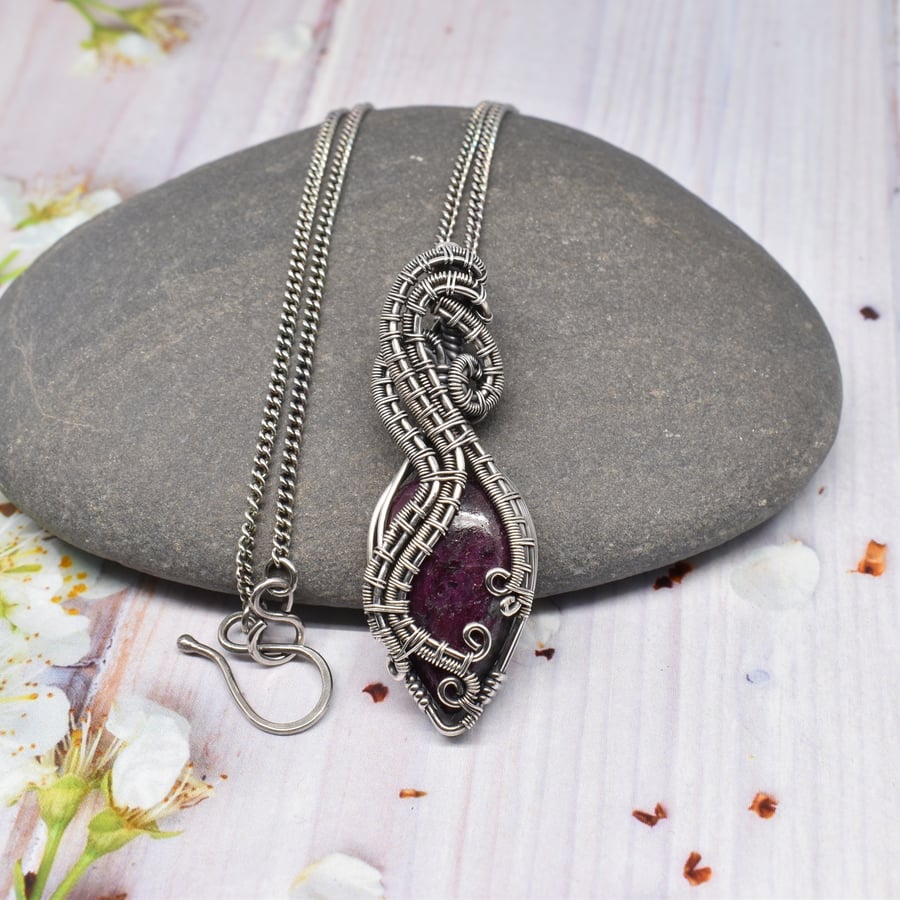 Wire Wrapped Ruby and Silver Necklace