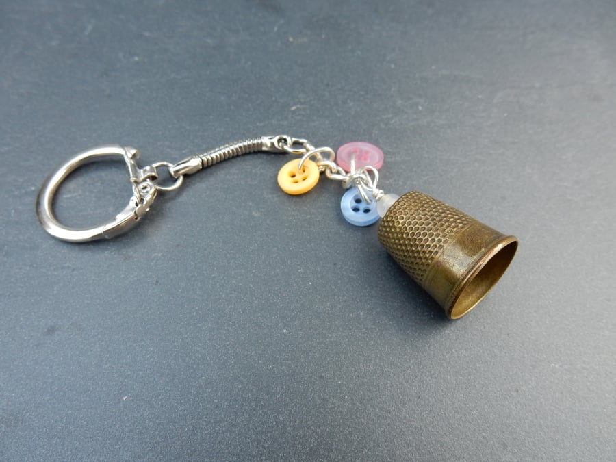 Upcycled vintage brass thimble and button keyring