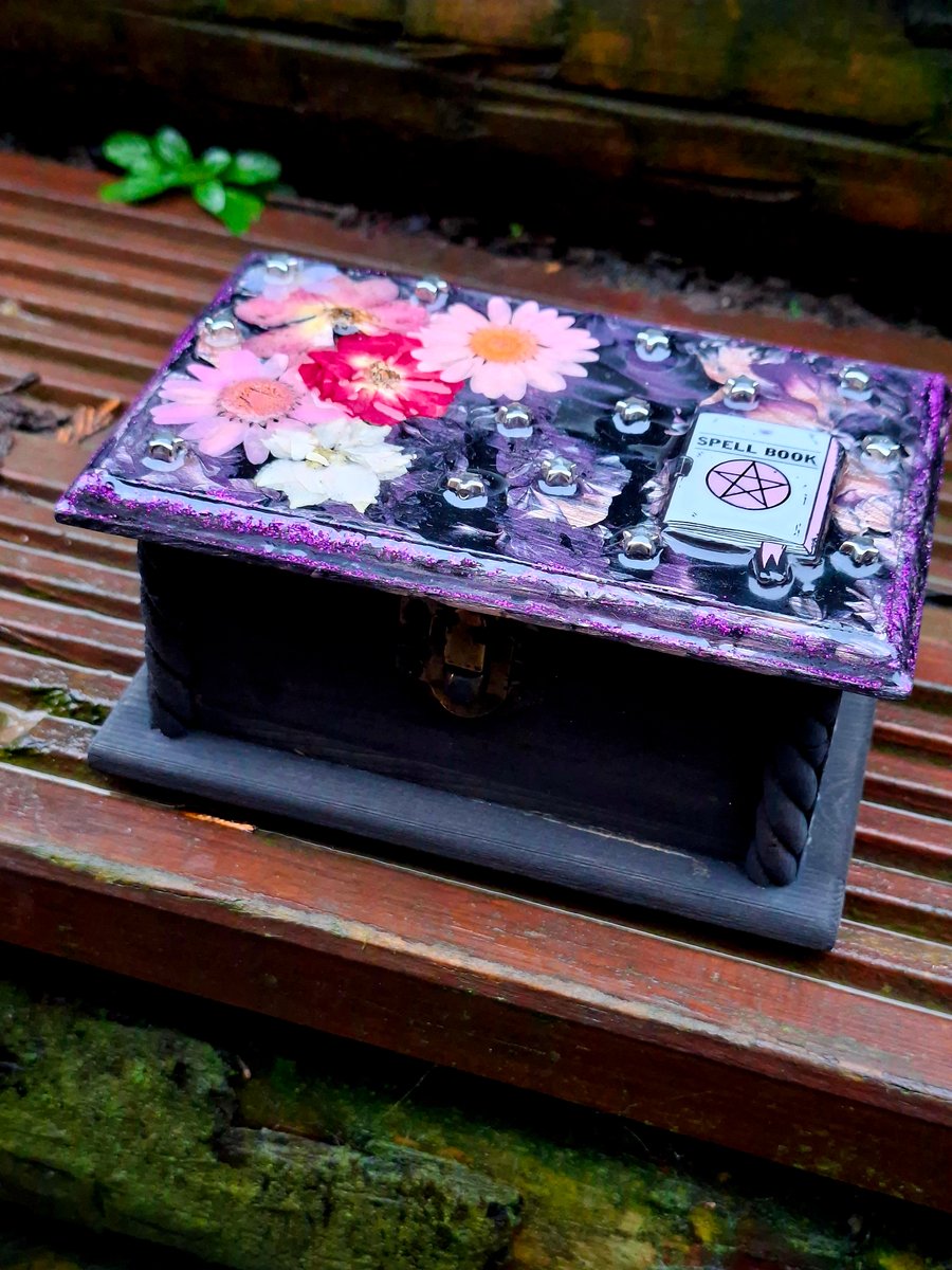 Wooden Treasure Style Trinket Jewellery Box witch heart emo spells spooky gothic