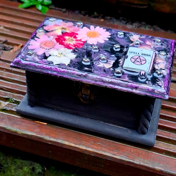 Wooden Treasure Style Trinket Jewellery Box witch heart emo spells spooky gothic