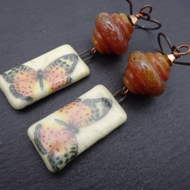 copper, lampwork bead earrings, painted lady butterfly jewellery