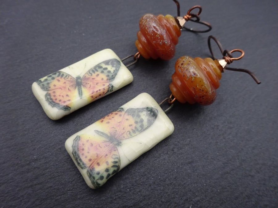 copper, lampwork bead earrings, painted lady butterfly jewellery