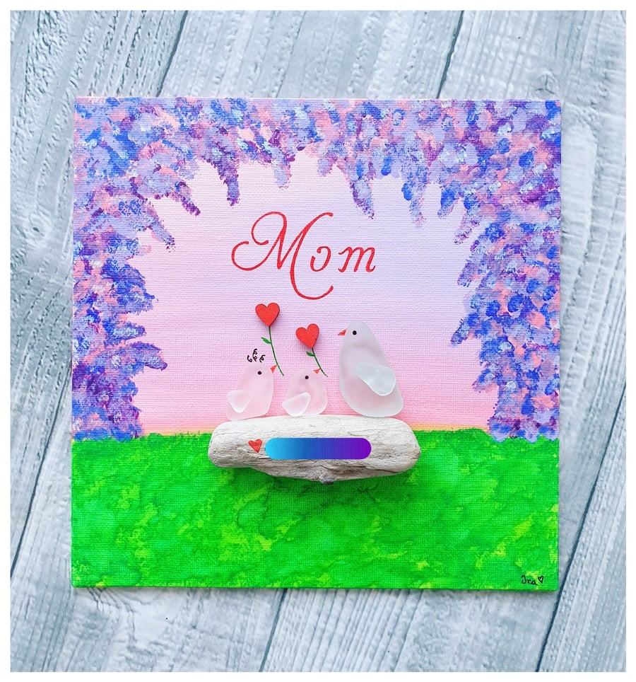 Seaglass and driftwood canvas "MOM"
