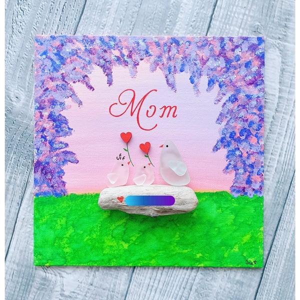 Seaglass and driftwood canvas "MOM"