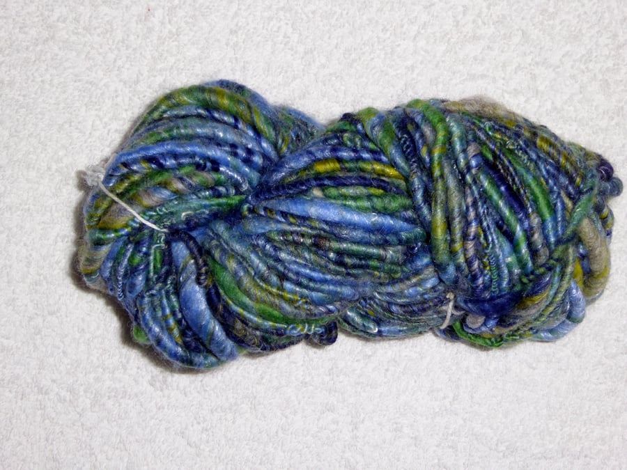 175g  Core Spun Merino Blend Yarn in Blues and Green. Handspun Yarn.