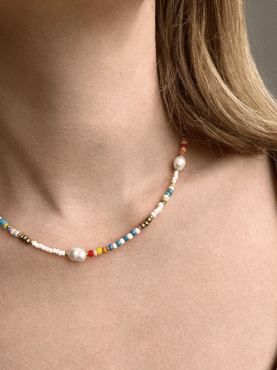 Handmade beaded pearl necklace, trending pearl choker, colourful necklace