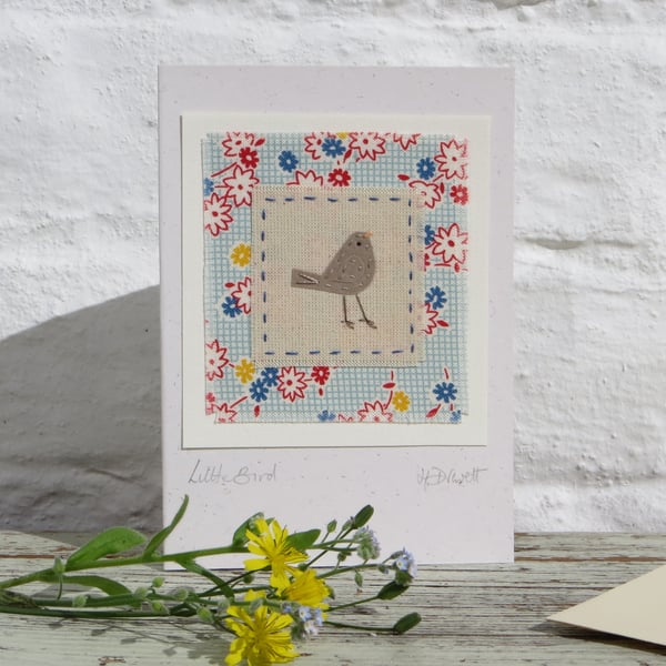 Little Bird hand-stitched miniature textile on card for birthday or, any day!