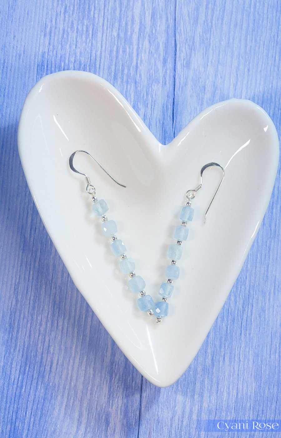 Aquamarine AA shaded faceted cube dangle earrings sterling silver march birthday