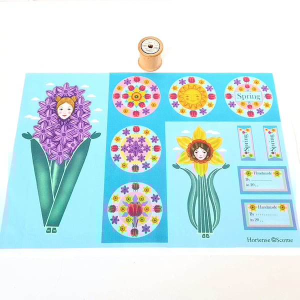 Floral Printed Fabric Panel, Hyacinth Flower Doll Cut and Sew, 