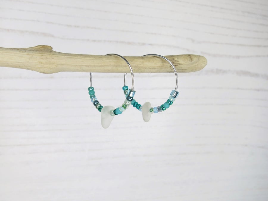 Cornish Sea Glass Hoop Earrings with Turquoise Seed Beads - 18mm 