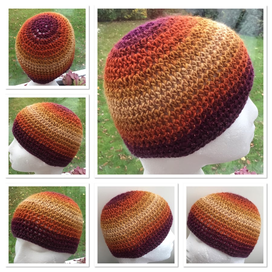 Autumn Sparkle Rainbow Beanie Crocheted Hat in Stylecraft Cabaret Yarn.