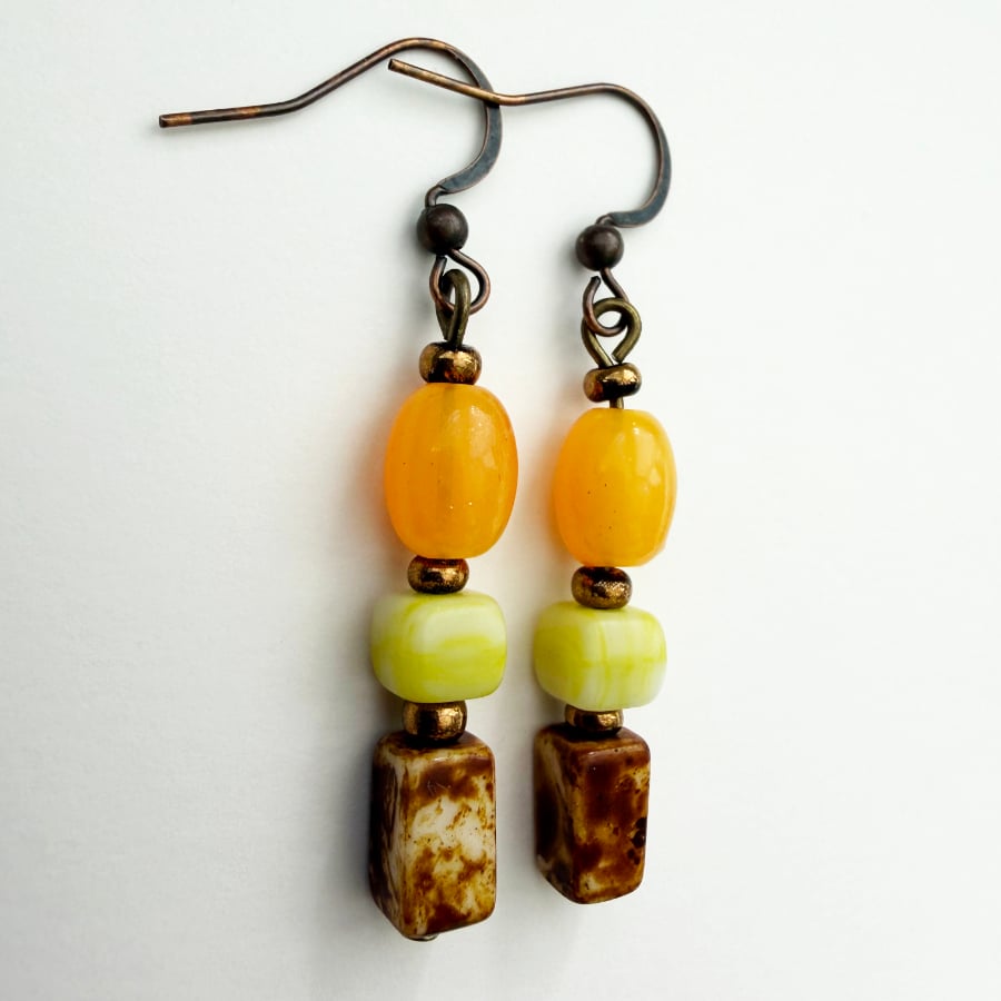 Yellow-Orange, Lime, Brown Dangle Drop Boho Inspired Handmade Earrings
