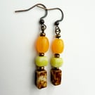 Yellow-Orange, Lime, Brown Dangle Drop Boho Inspired Handmade Earrings