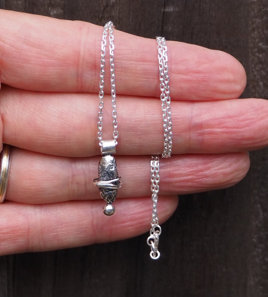 Sterling silver nugget pendant necklace, heat treated, oxidised and fused silver