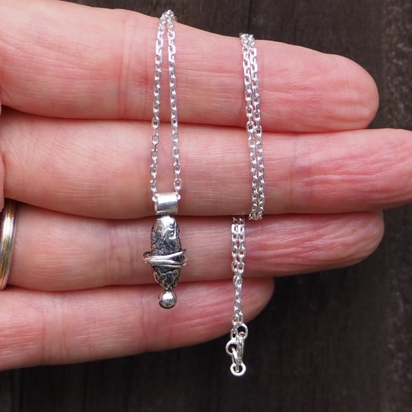 Sterling silver nugget pendant necklace, heat treated, oxidised and fused silver