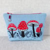 Embroidered zipped pouch, make up bag, toadstools, mushrooms.