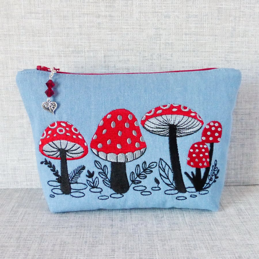 Embroidered zipped pouch, make up bag, toadstools, mushrooms.