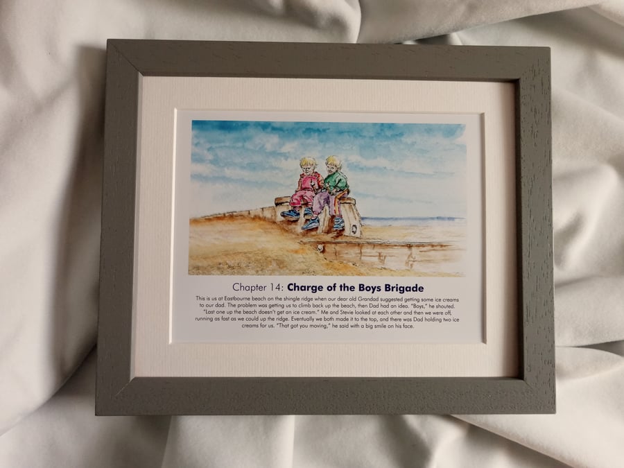watercolour print of children on Eastbourne Beach sussex