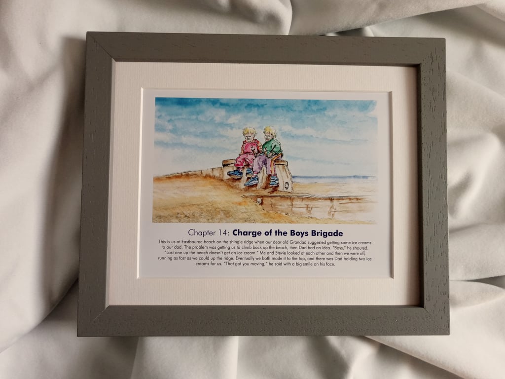 watercolour print of children on Eastbourne Beach sussex