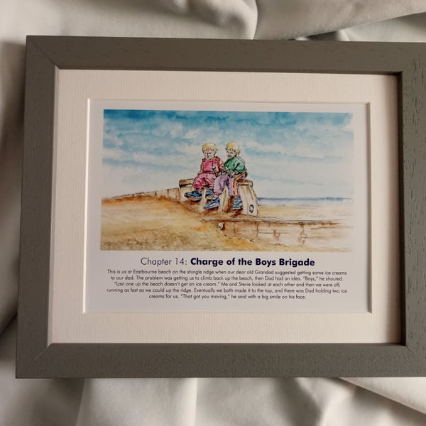 watercolour print of children on Eastbourne Beach sussex