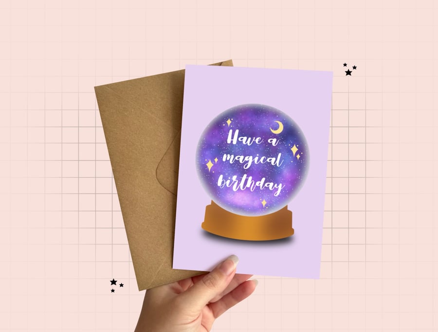 Witchy Birthday Card, Magical Crystal Ball Greeting Card.