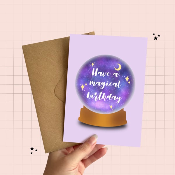 Witchy Birthday Card, Magical Crystal Ball Greeting Card.