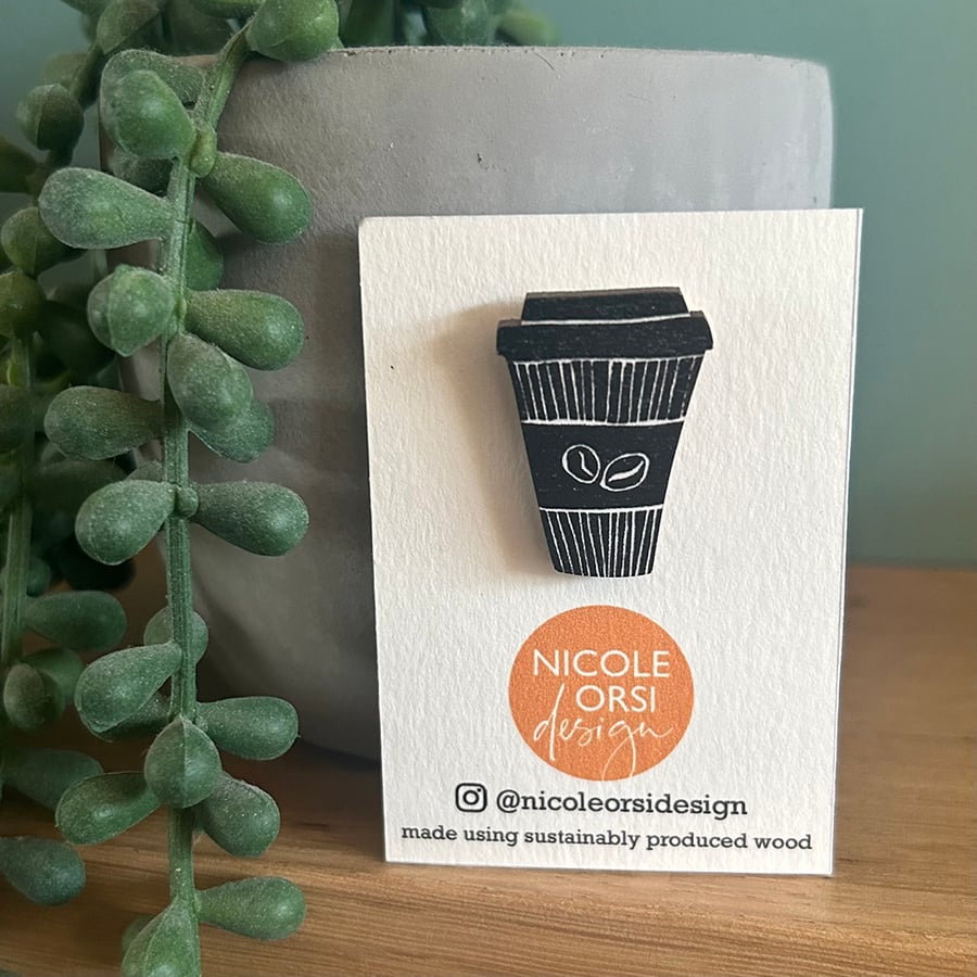 'But First Coffee' Wooden Pin Badge