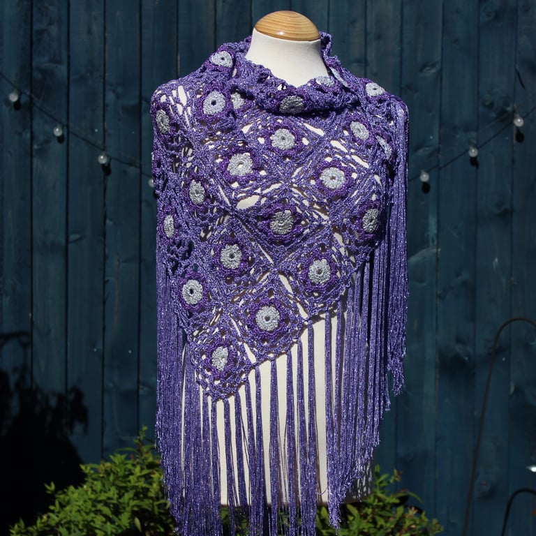 Crochet triangular shawl in sparkly silver, purple and lilac - design LF433