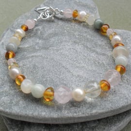 Gemstone and Freshwater Pearl Sterling Silver Bracelet