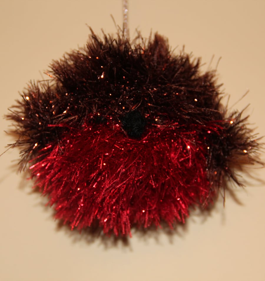 Hand Knitted Tinsel Robin Bauble