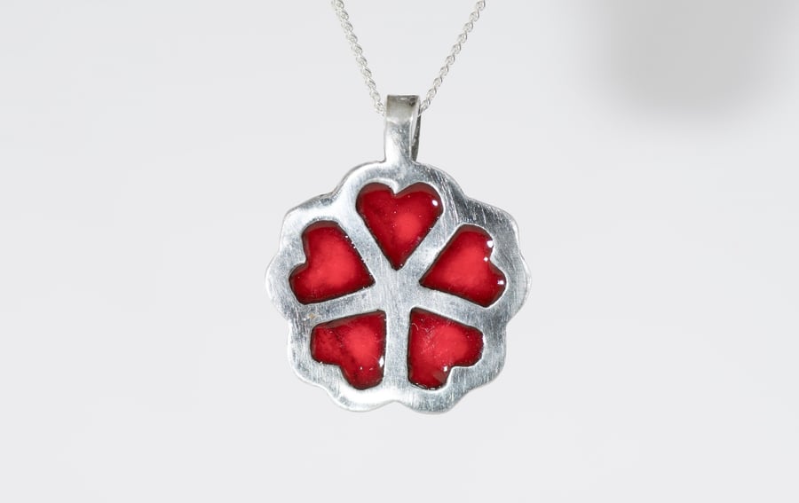 Enamelled Hearts Flower Pendant, Silver Hearts necklace